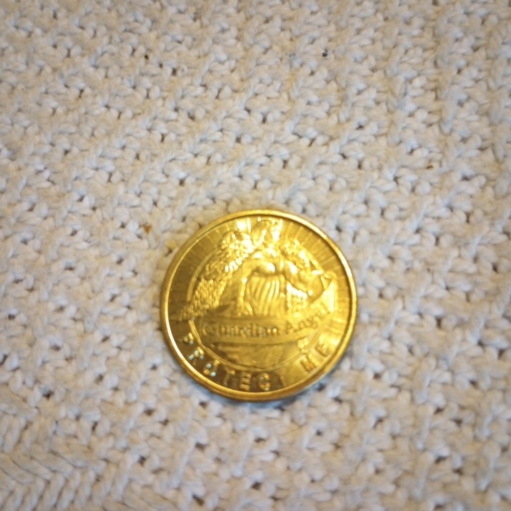 Antique Vintage Gold Color Guardian Angel Coin with Protect Me Detailed Design